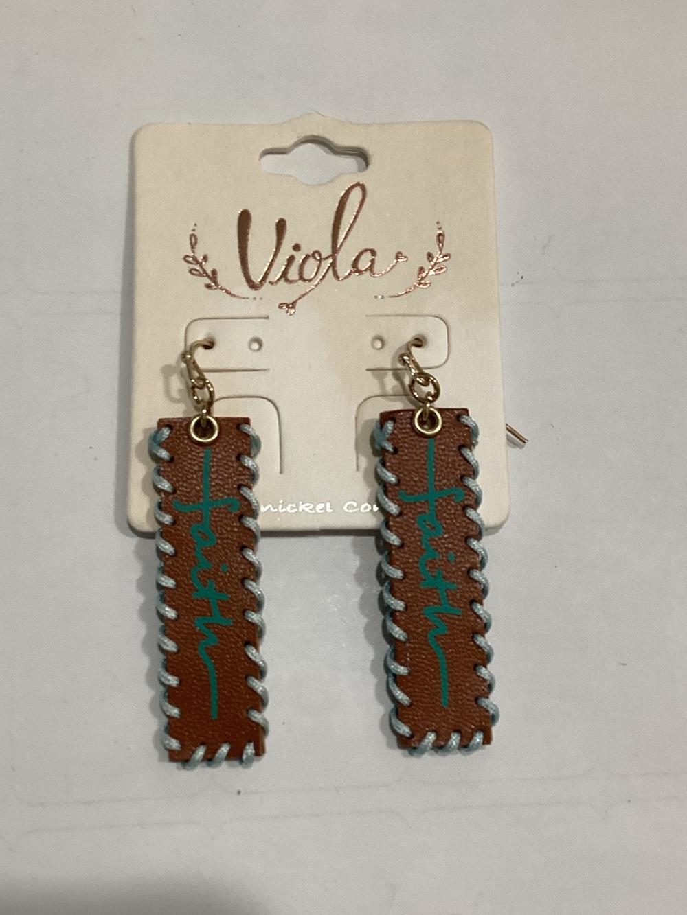 Brown Leatherette Stitched Drop Earrings with Turquoise Accent